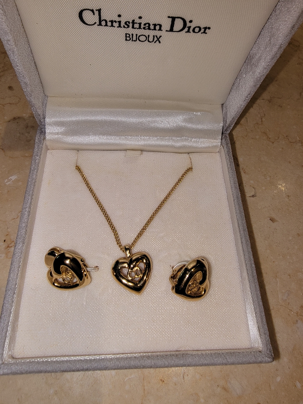 Christian Dior Gold Heart Necklace and Earrings Set